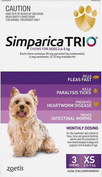 Simparica TRIO for X-Small Dogs - 6 - 11 lbs - PURPLE - 6 tablets - $94